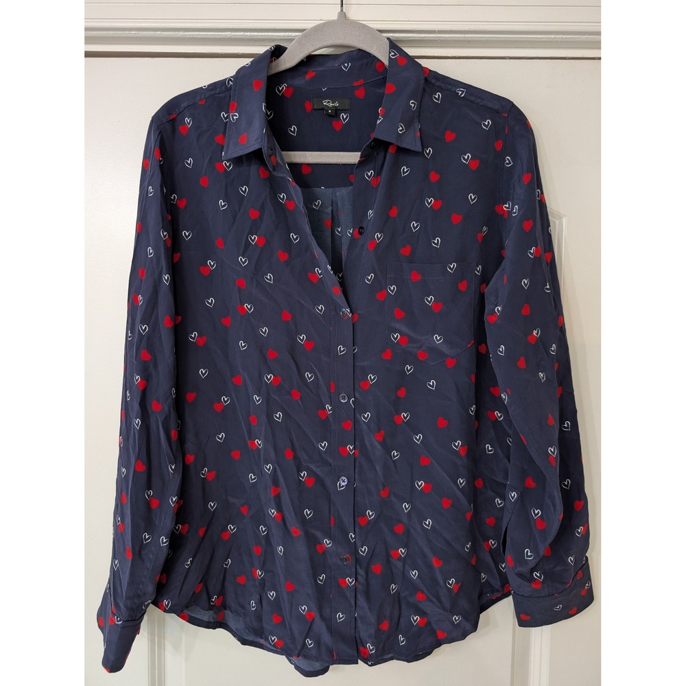 Rails Kate L'Amour Navy Blue 100% Silk Heart Print Button Down Shirt Small